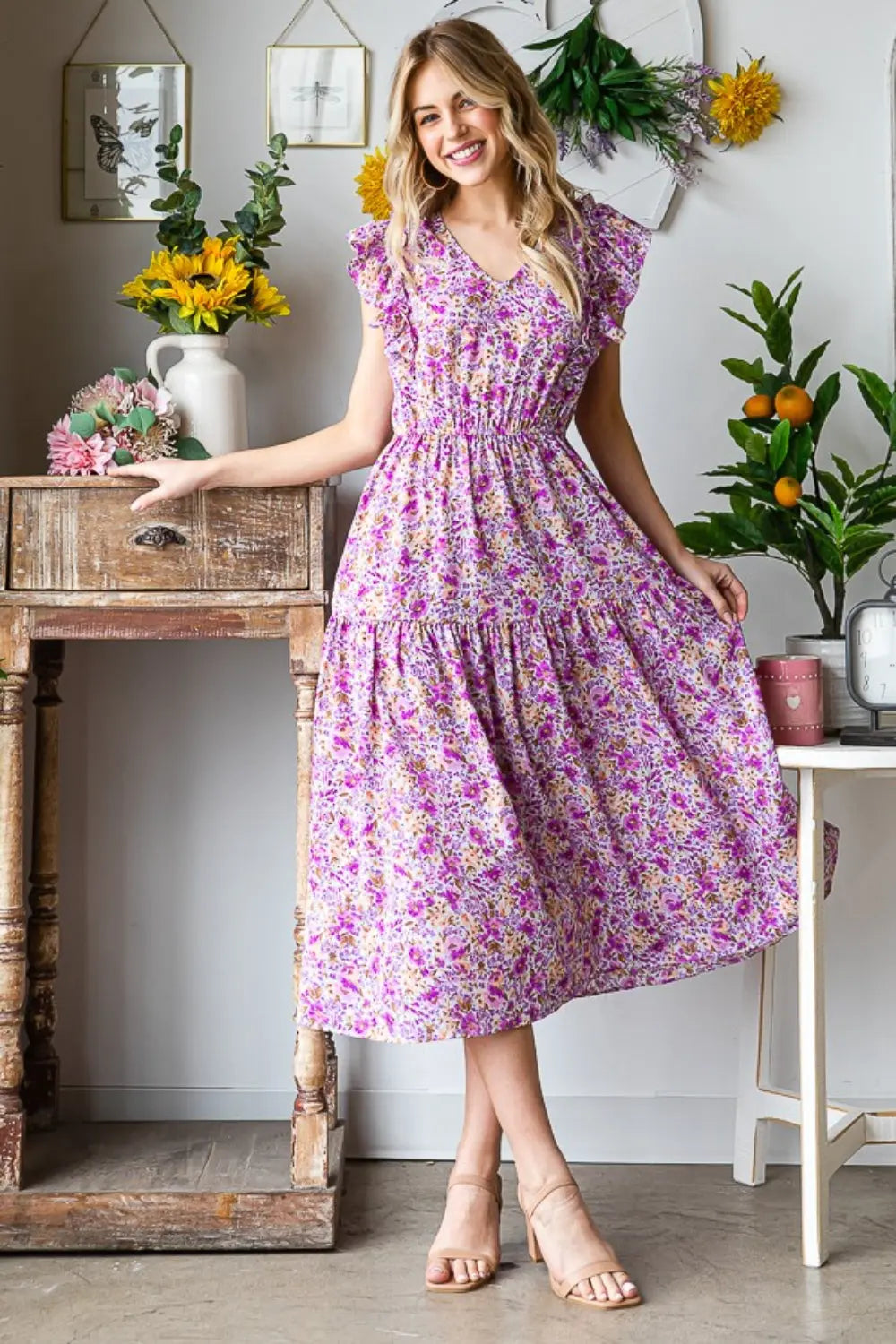  Printed V-Neck Ruffled Midi Dress -BazaarBey - www.shopbazaarbey.com