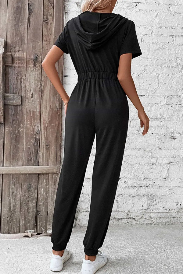 Zip-Up Short Sleeve Hooded Jumpsuit with Pockets Trendsi
