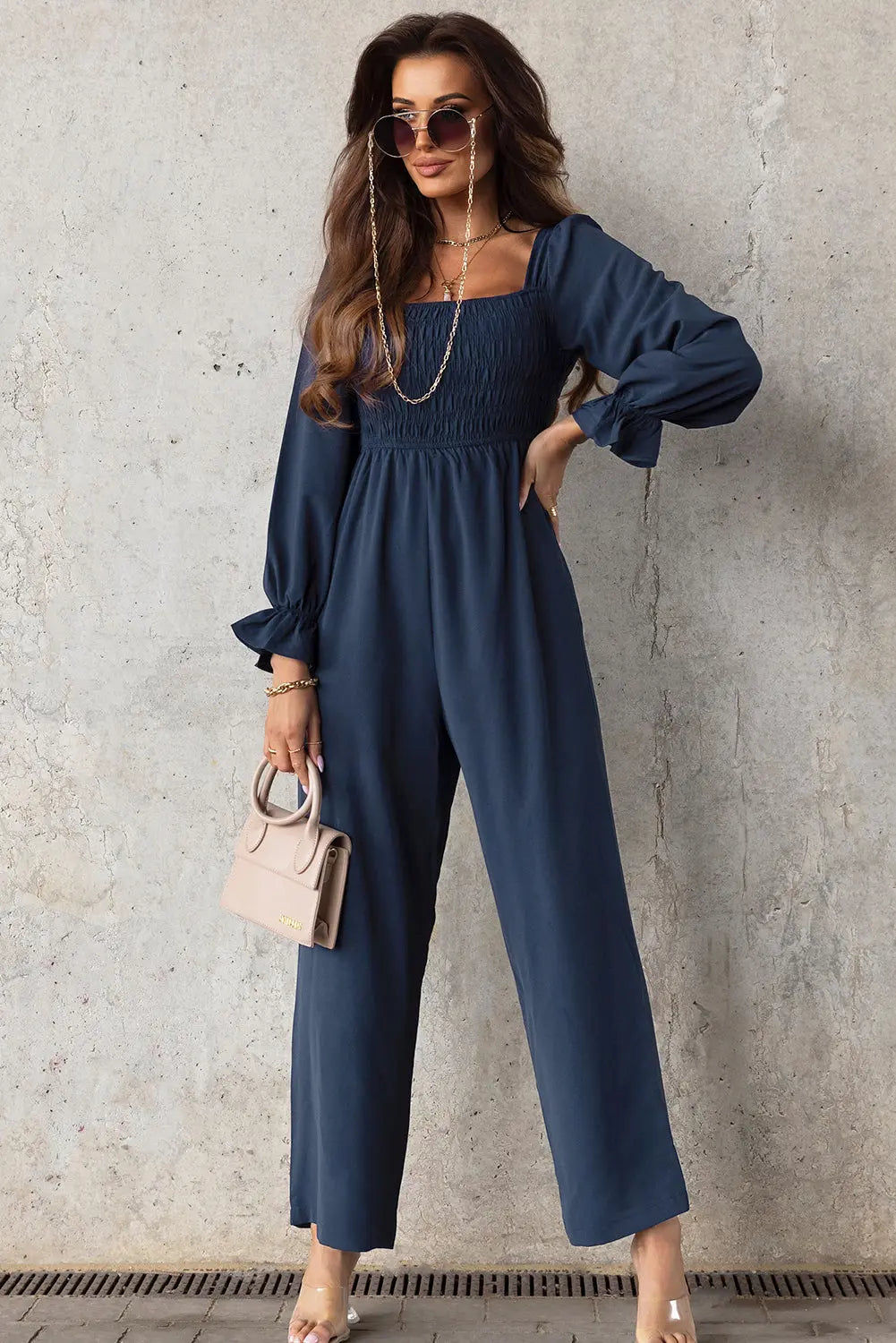 Smocked Long Flounce Sleeve Square Neck Jumpsuit Trendsi