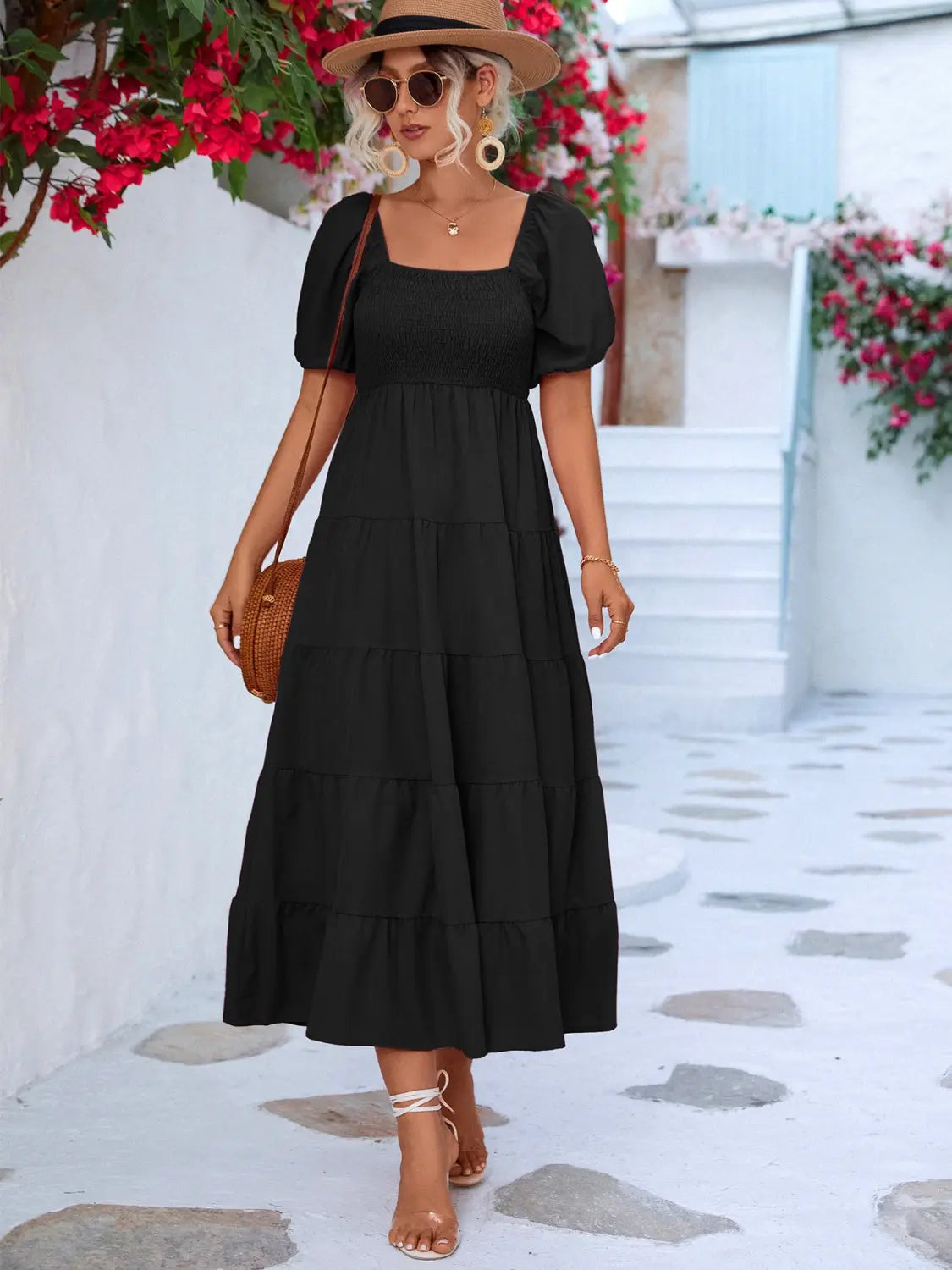 Tiered Smocked Short Sleeve Dress -BazaarBey - www.shopbazaarbey.com