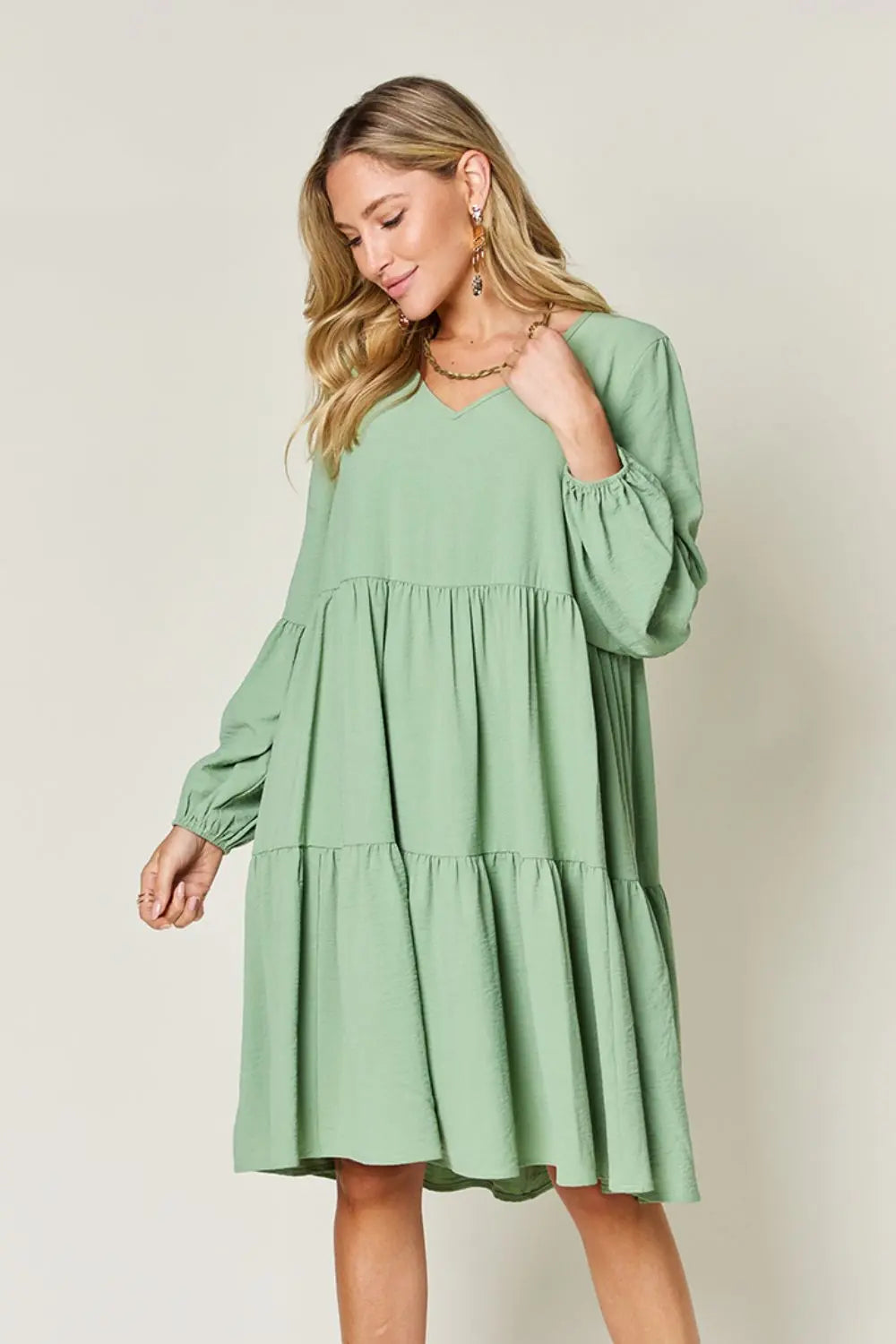  Full Size V-Neck Balloon Sleeve Tiered Dress -BazaarBey - www.shopbazaarbey.com