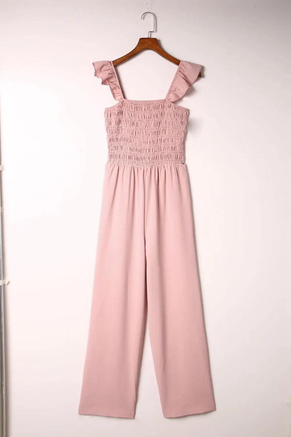 BazaarBey Ruffle Shoulder Smocked Pocket Jumpsuit 
