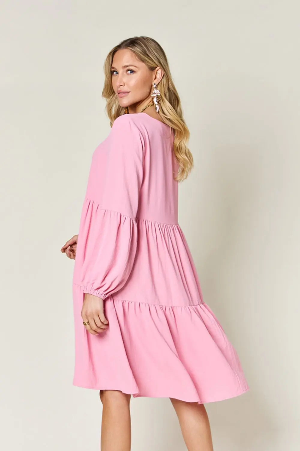  Full Size V-Neck Balloon Sleeve Tiered Dress -BazaarBey - www.shopbazaarbey.com