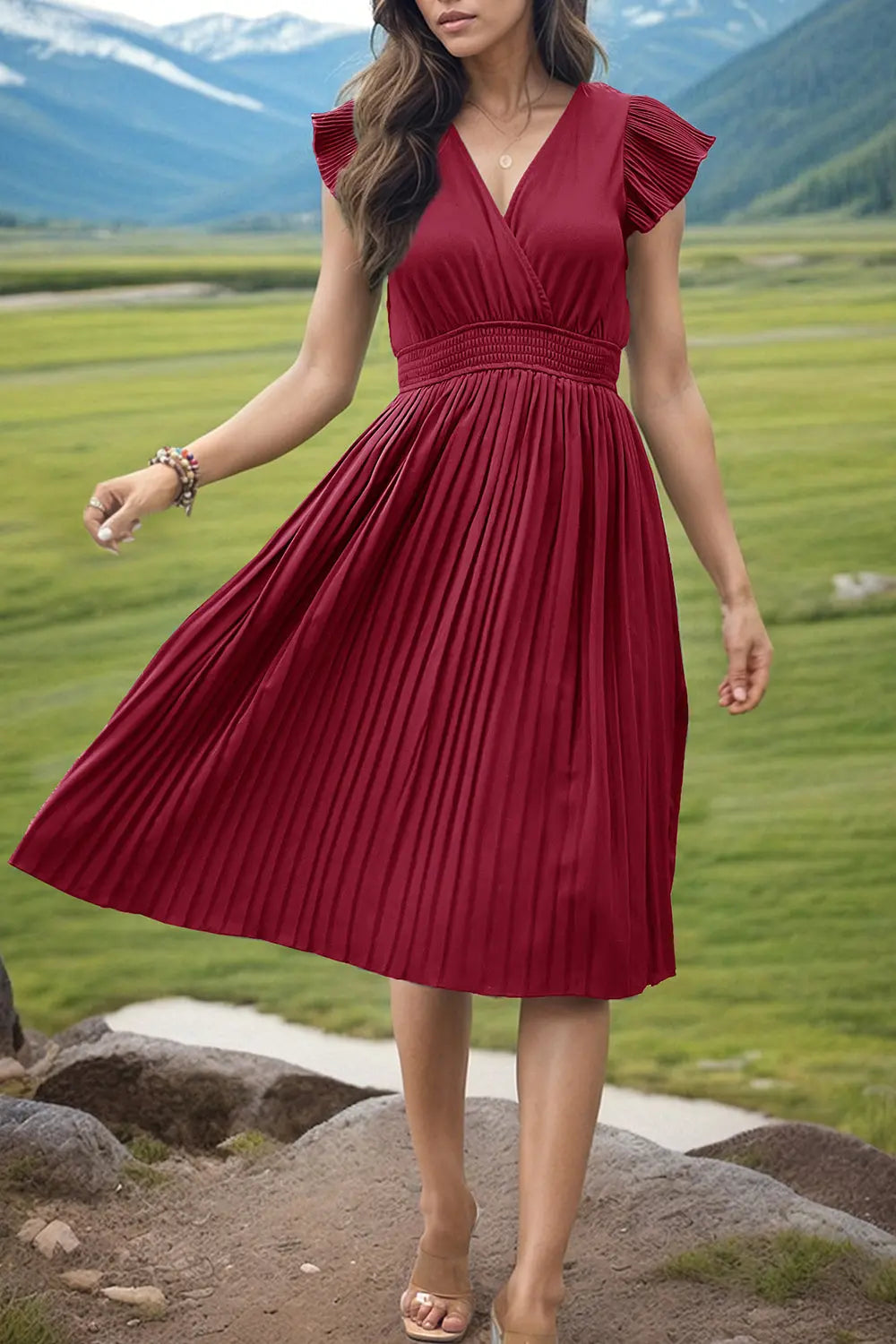 Tied Smocked Waist Flutter Sleeve Dress -BazaarBey - www.shopbazaarbey.com