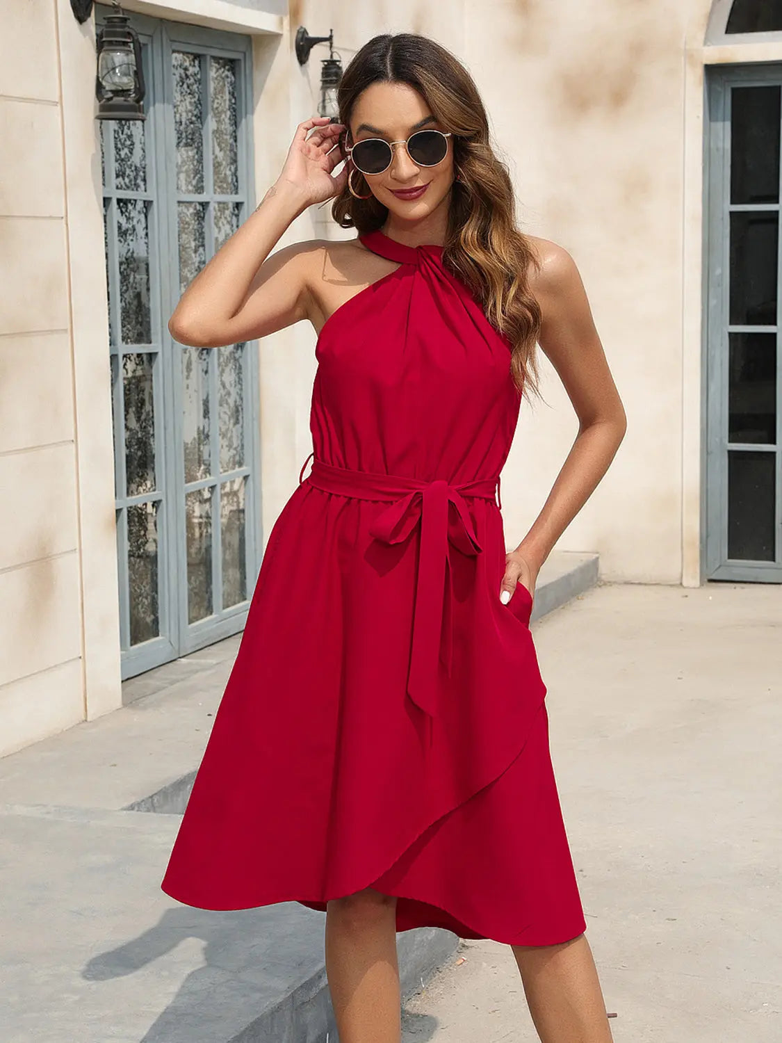 Tied Round Neck Sleeveless Dress -BazaarBey - www.shopbazaarbey.com