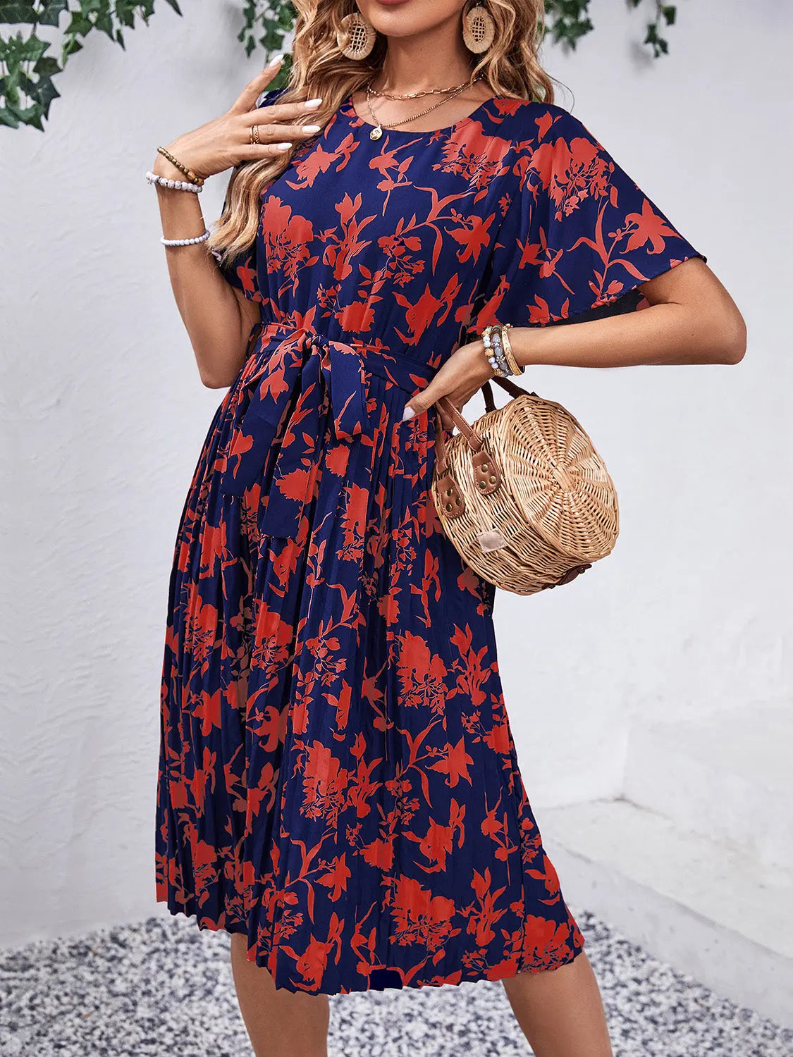 Printed Round Neck Short Sleeve Dress -BazaarBey - www.shopbazaarbey.com