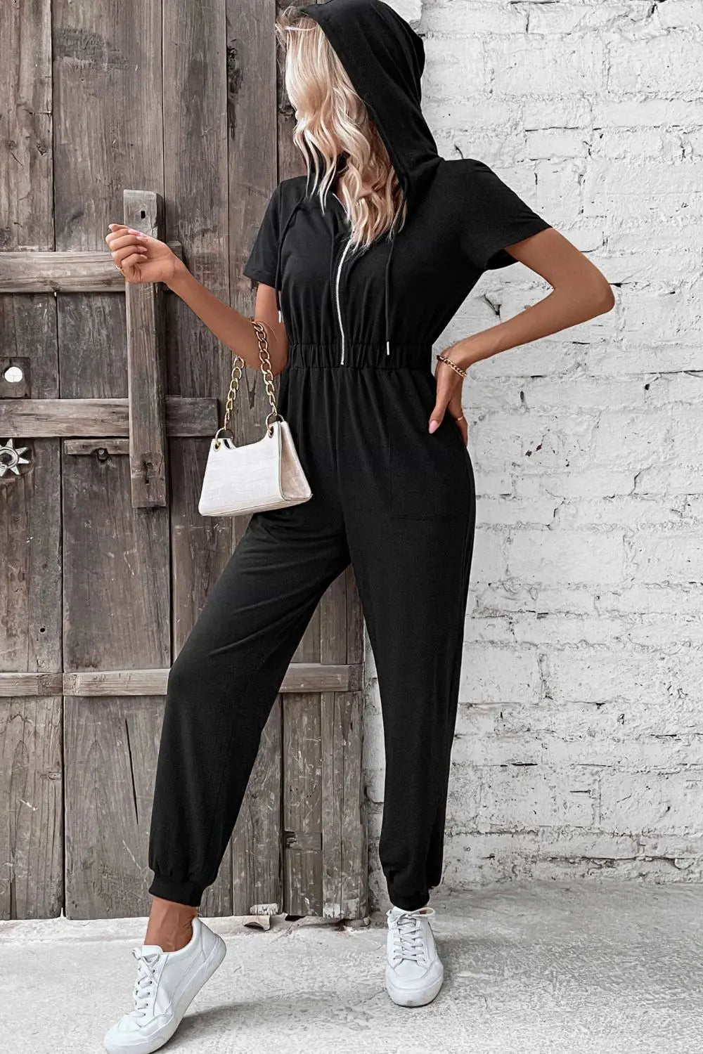 Zip-Up Short Sleeve Hooded Jumpsuit with Pockets Trendsi