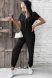 Zip-Up Short Sleeve Hooded Jumpsuit with Pockets Trendsi