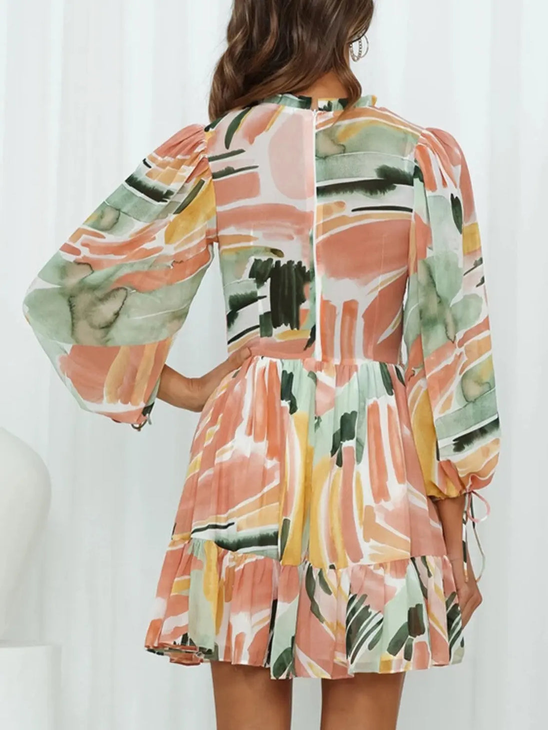 Printed Mock Neck Balloon Sleeve Mini Dress -BazaarBey - www.shopbazaarbey.com