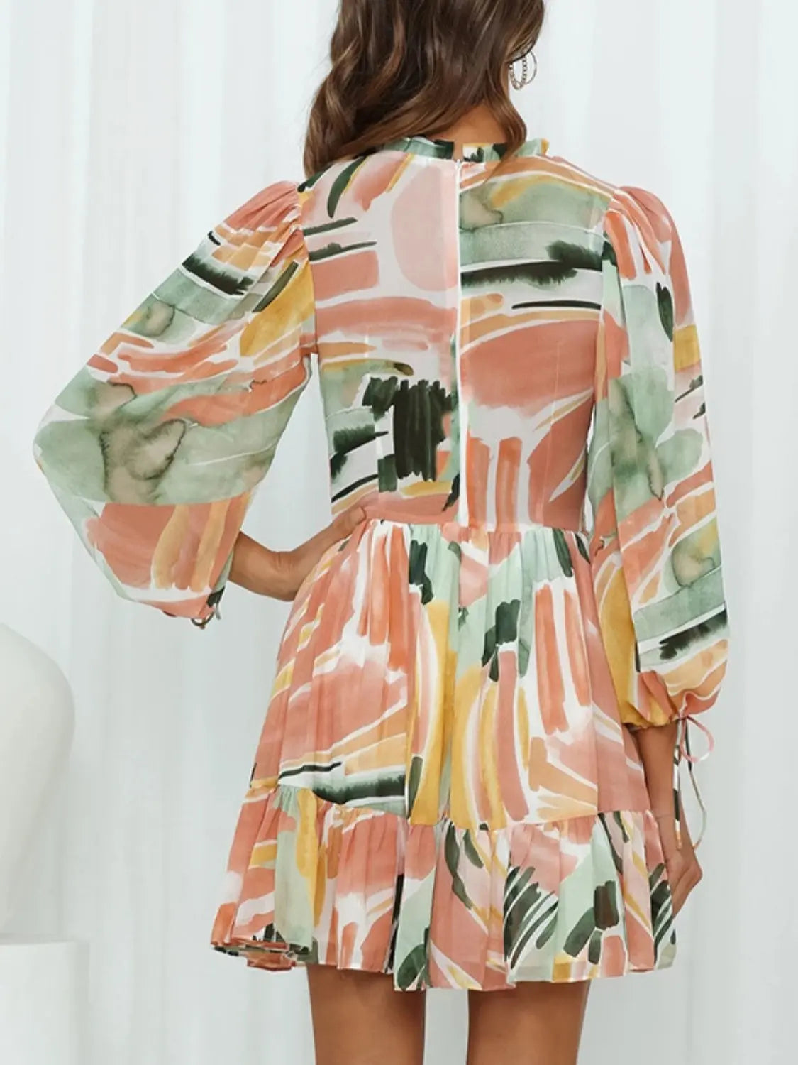 Printed Mock Neck Balloon Sleeve Mini Dress -BazaarBey - www.shopbazaarbey.com