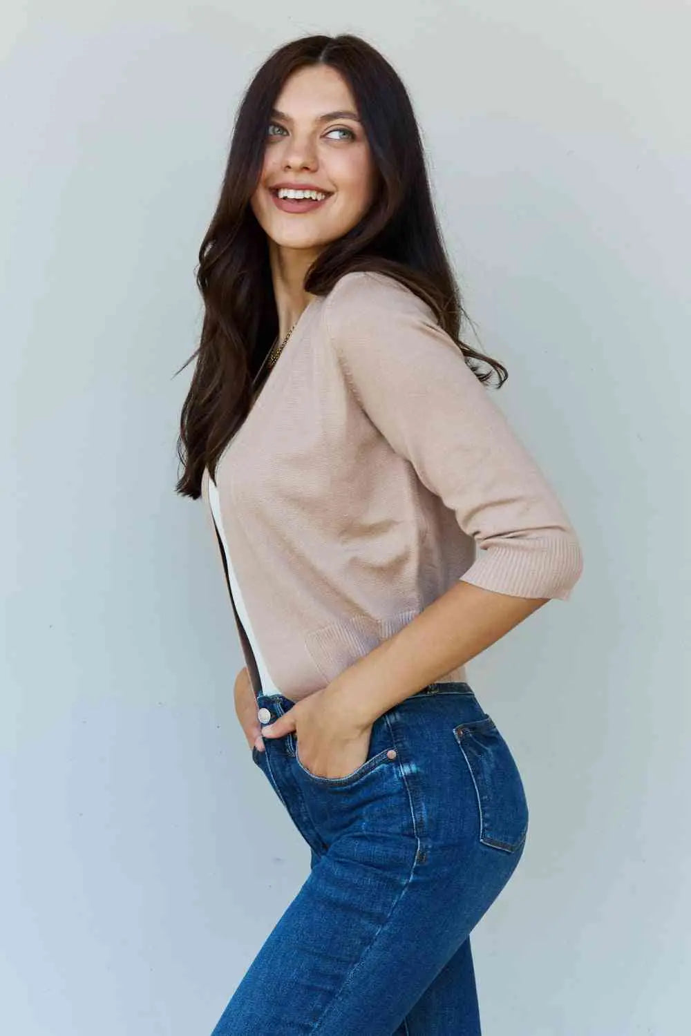  My Favorite  3/4 Sleeve Cropped Cardigan in Khaki Bazaarbey