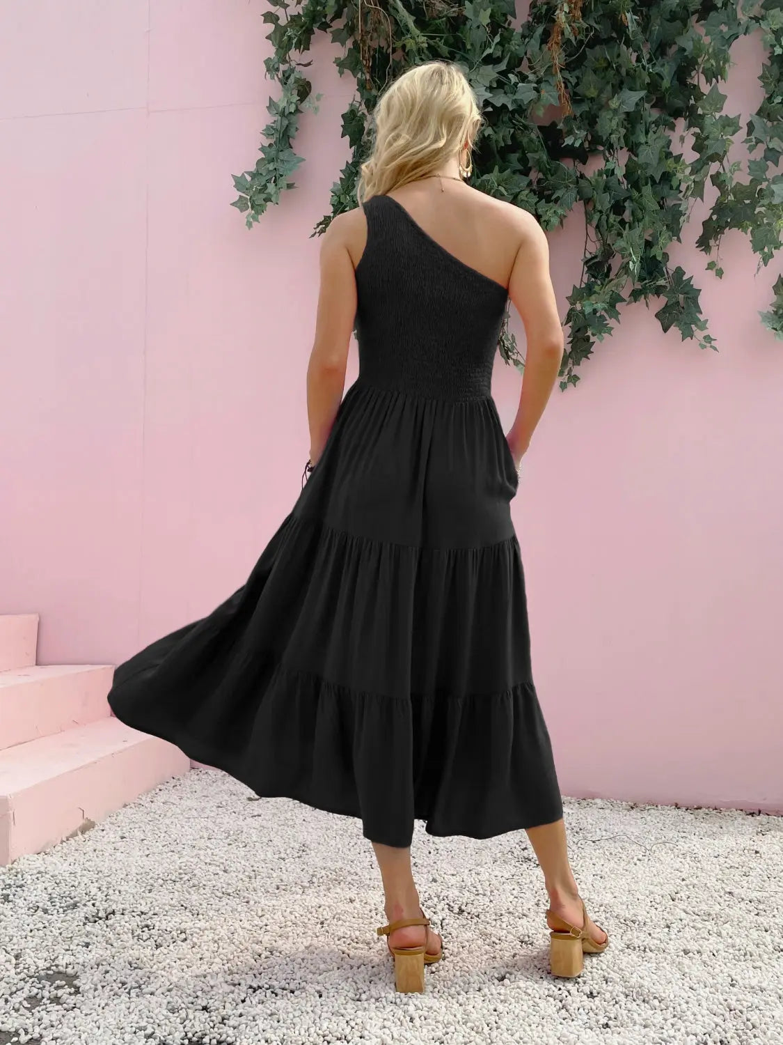 Smocked Single Shoulder Sleeveless Dress -BazaarBey - www.shopbazaarbey.com