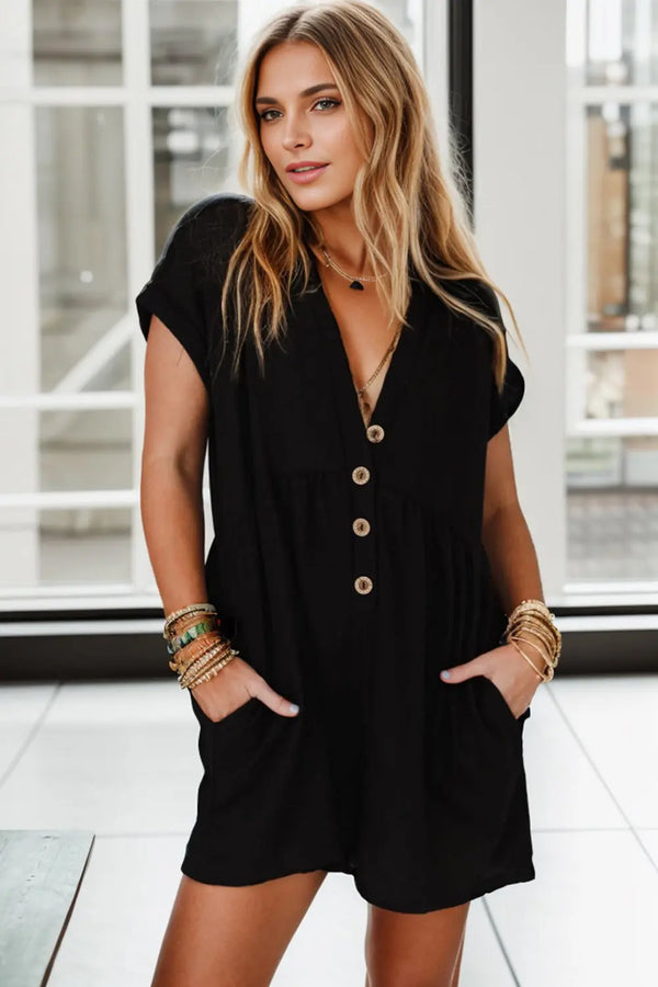 BazaarBey Pocketed V-Neck Short Sleeve Romper 