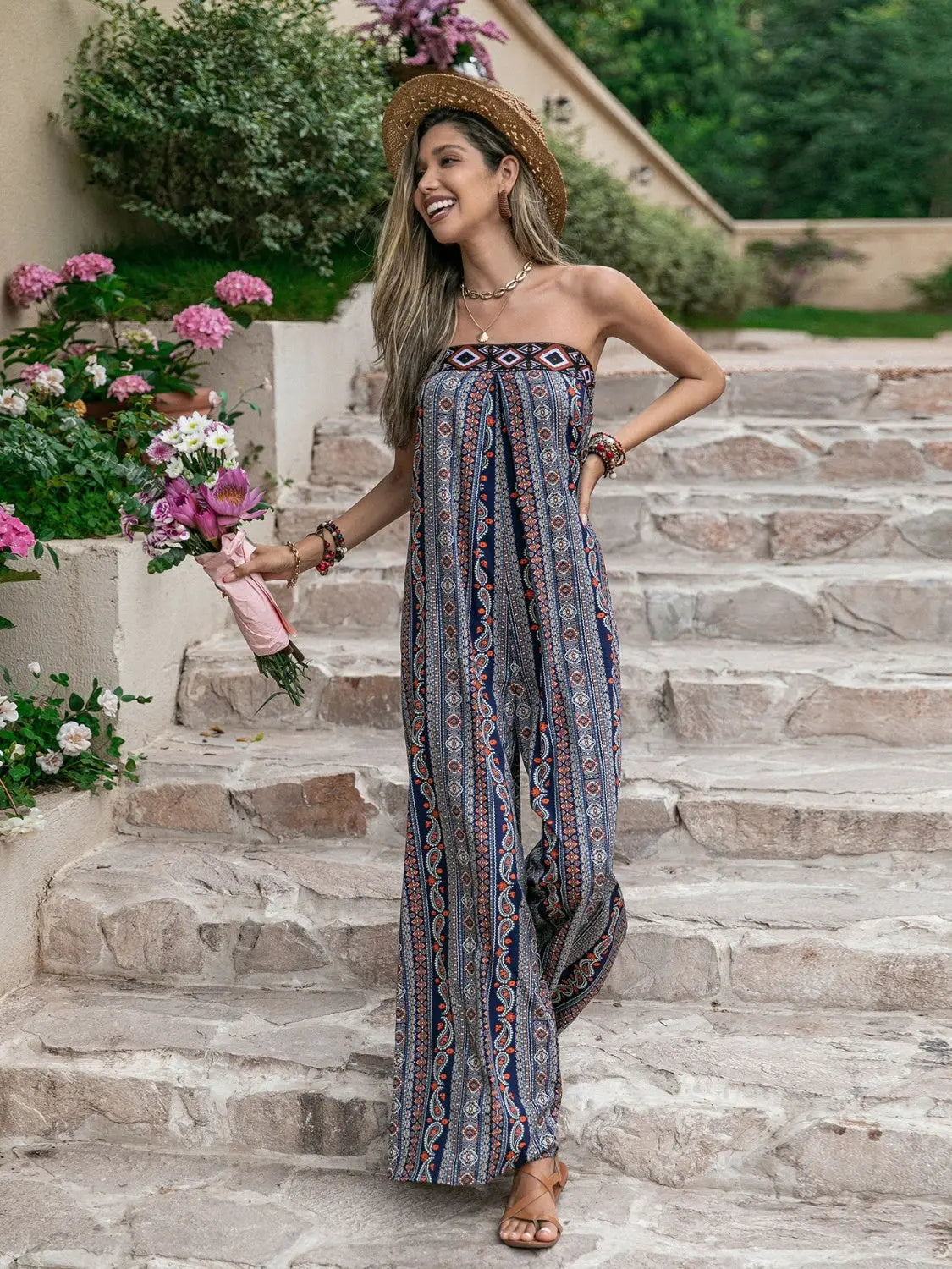 Tied Printed Tube Wide Leg Jumpsuit Trendsi