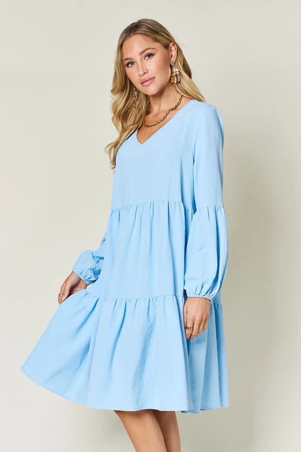  Full Size V-Neck Balloon Sleeve Tiered Dress -BazaarBey - www.shopbazaarbey.com