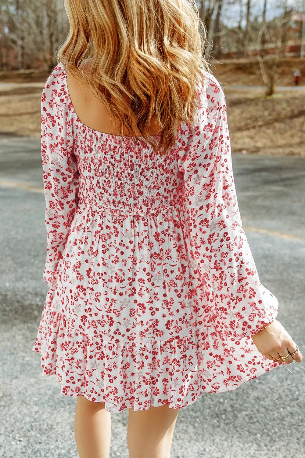 Smocked Floral Square Neck Balloon Sleeve Dress -BazaarBey - www.shopbazaarbey.com