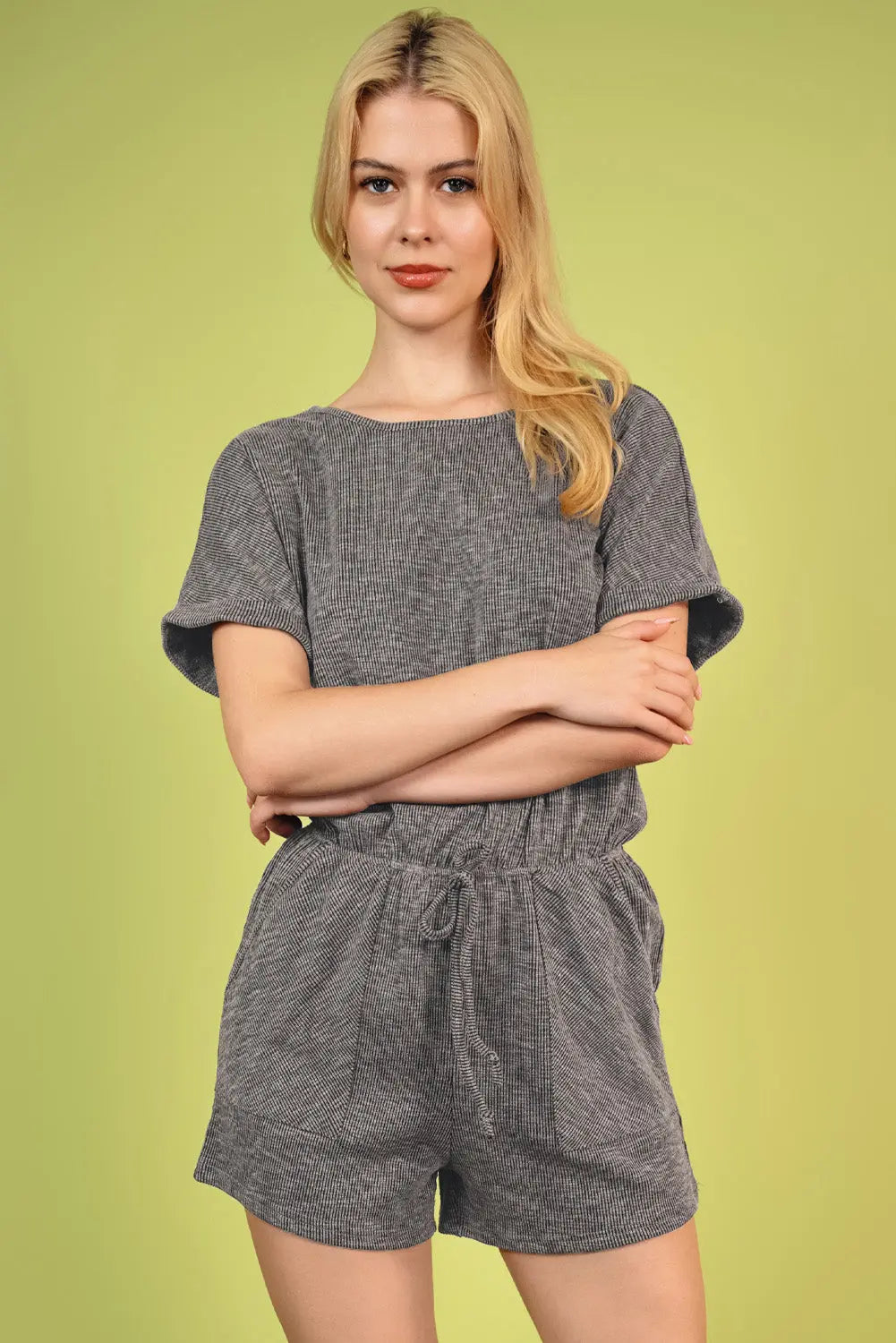 Round Neck Short Sleeve Romper with Pockets Trendsi