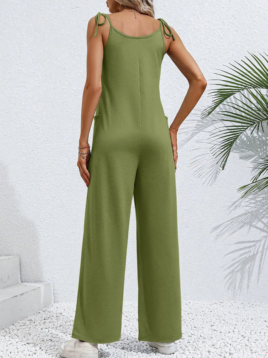 Tie-Shoulder Wide Leg Jumpsuit with Pockets Trendsi