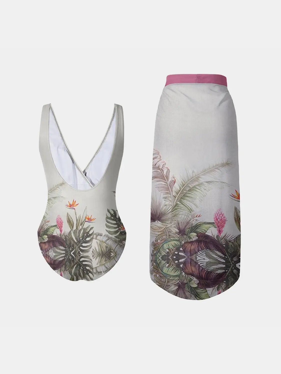Printed Surplice Wide Strap Swimwear and Skirt Swim Set Trendsi