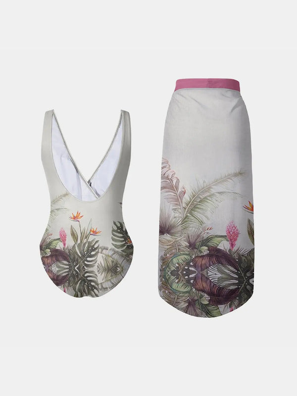 Printed Surplice Wide Strap Swimwear and Skirt Swim Set Trendsi