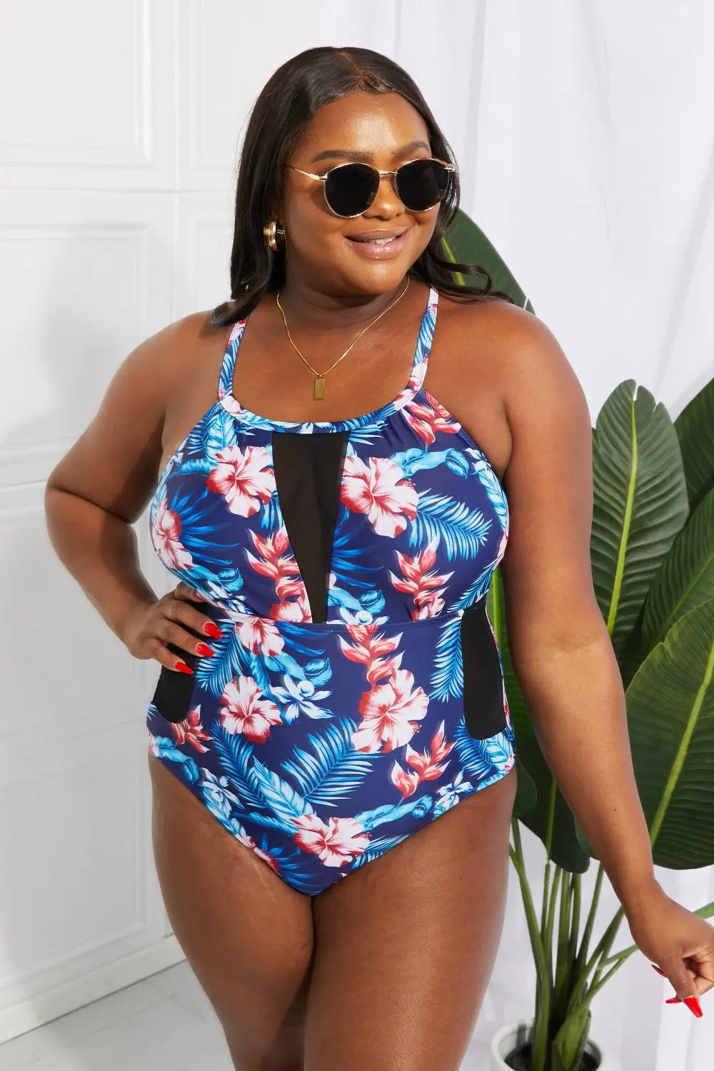 Floral Crisscross Spliced Mesh One-Piece Swimsuit Trendsi