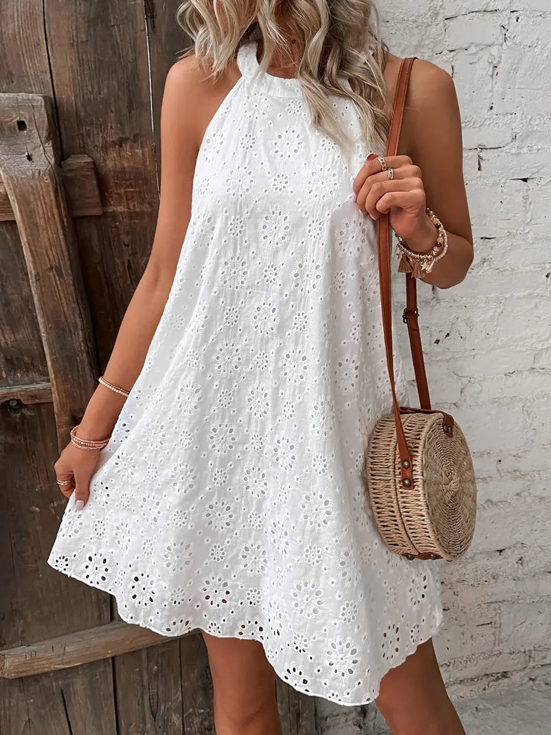 Eyelet Grecian Neck Mini Dress Bazaarbey