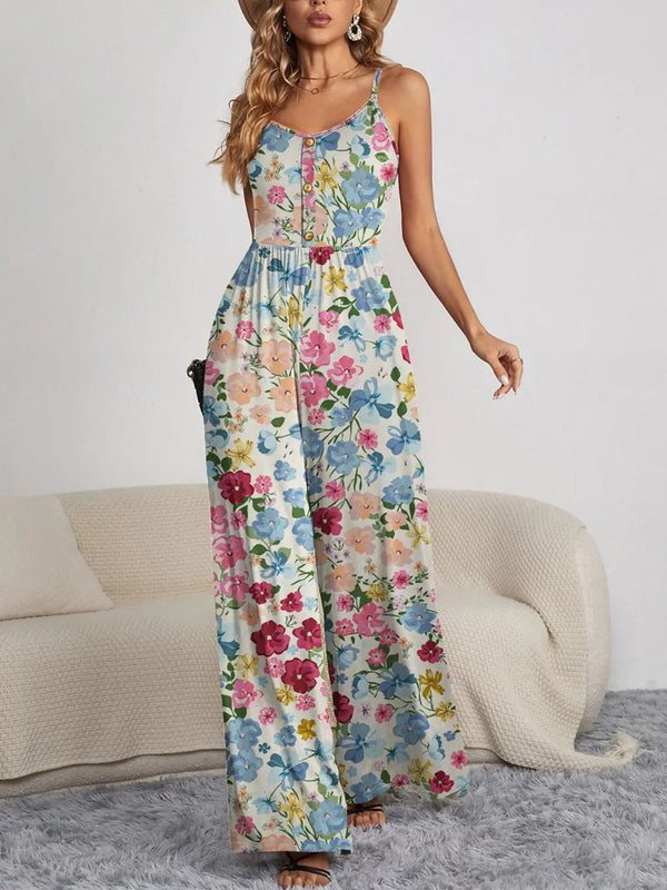 BazaarBey Decorative Button Spaghetti Strap Wide Leg Jumpsuit 