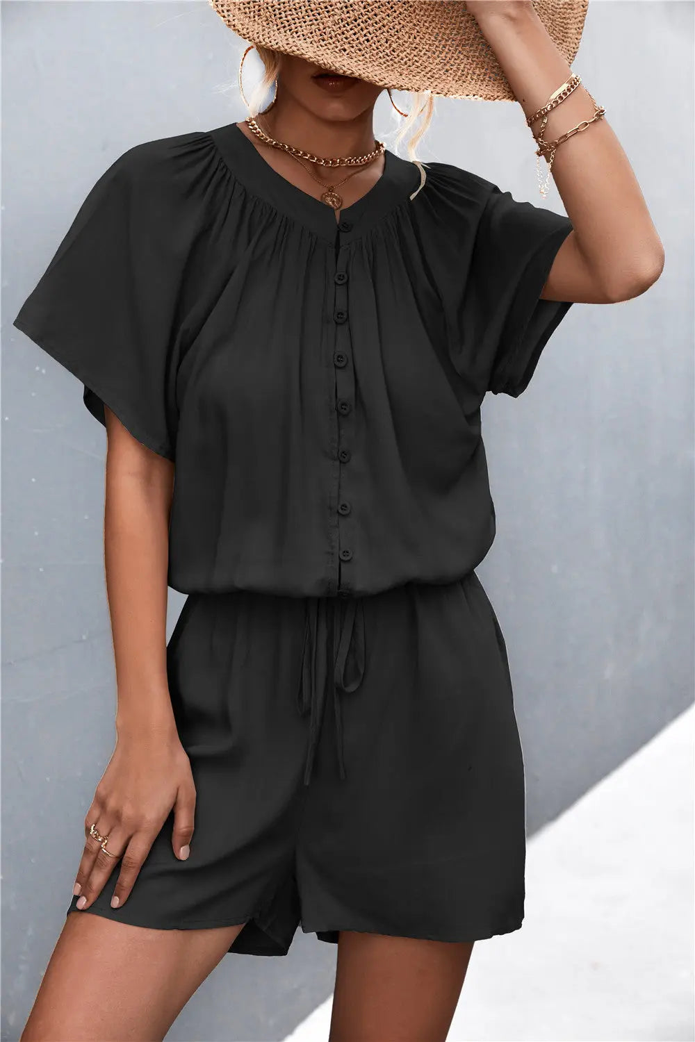 Buttoned Gather Detail Romper Bazaarbey