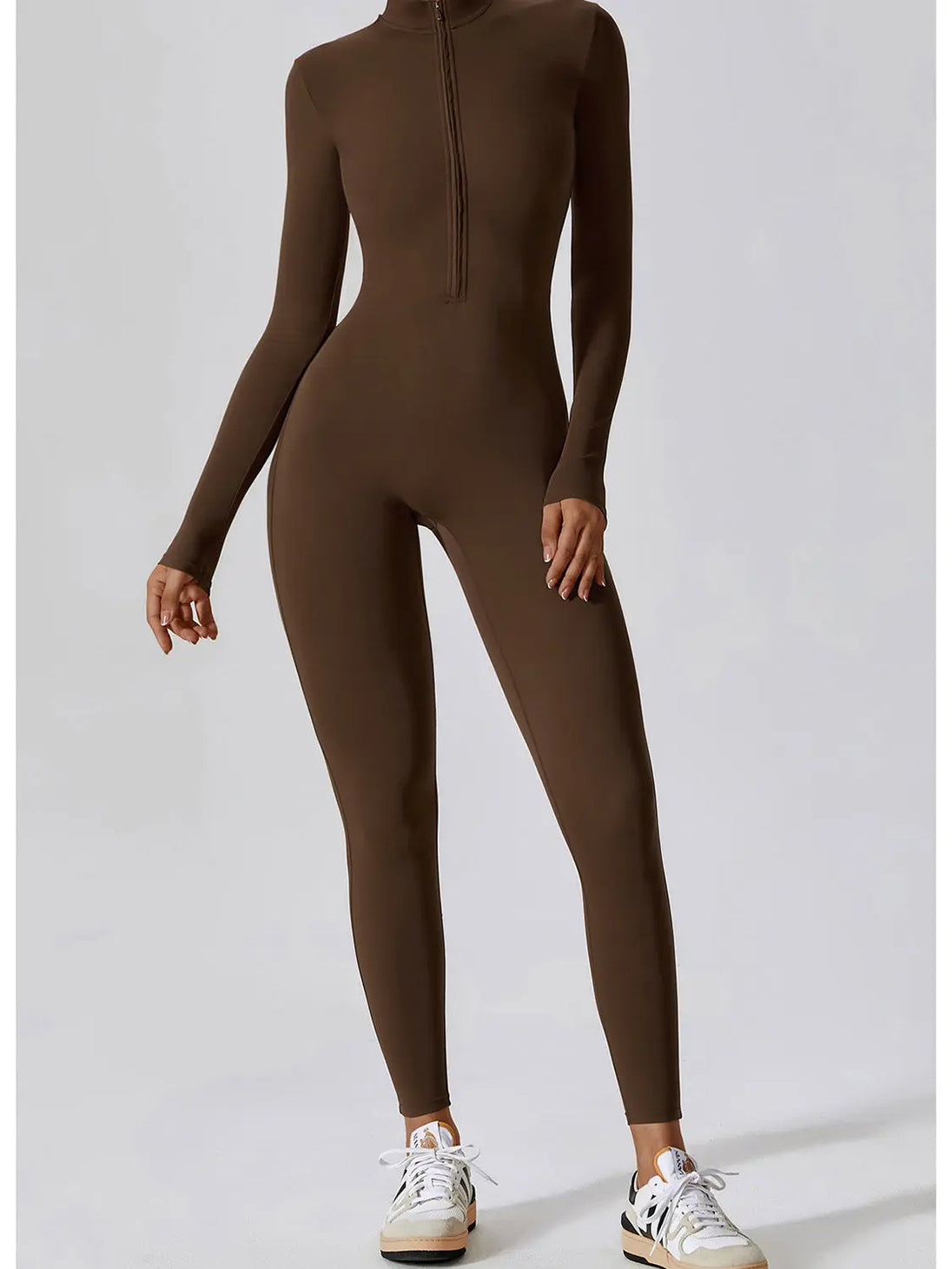 Zip Up Mock Neck Long Sleeve Jumpsuit Trendsi