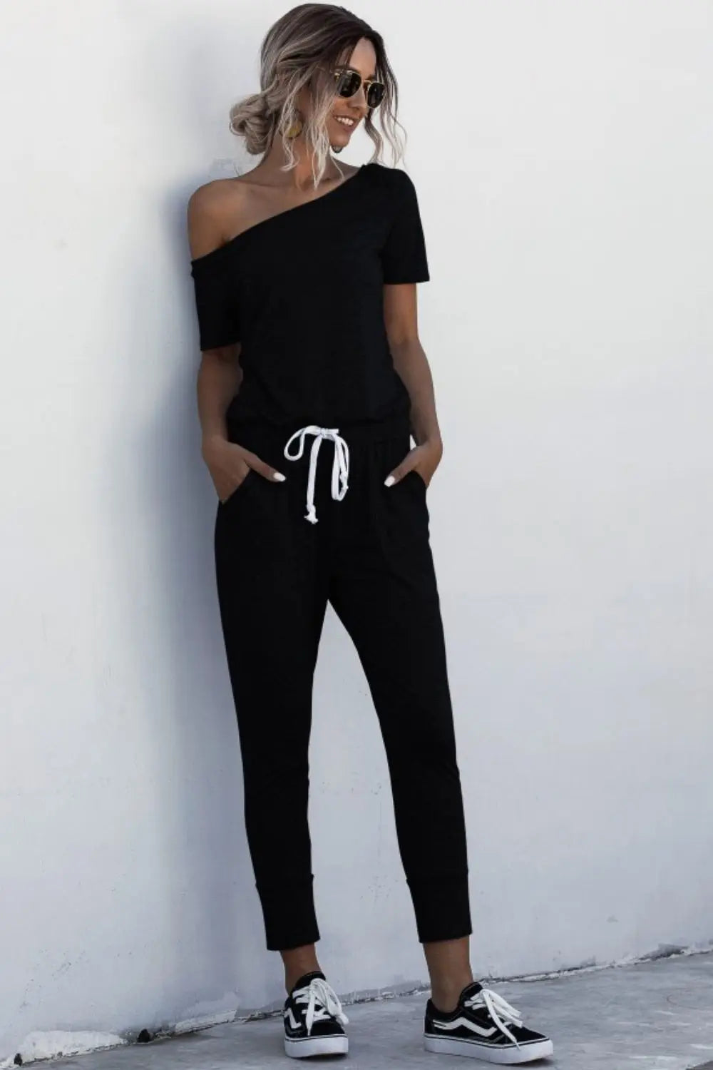 Asymmetrical Neck Tied Jumpsuit with Pockets Bazaarbey