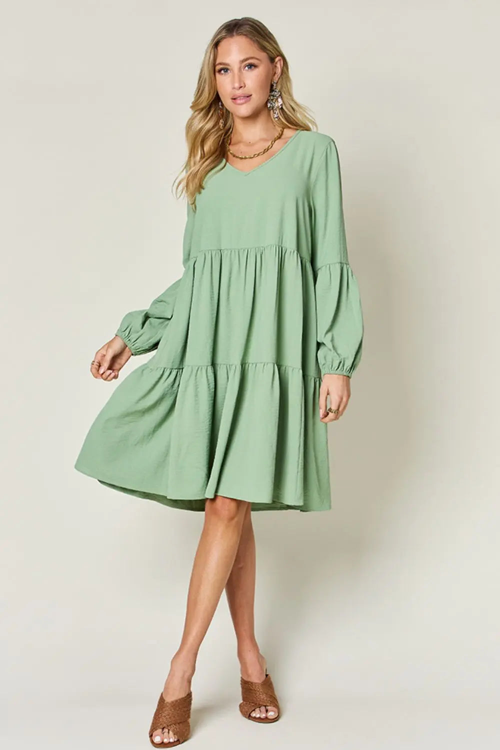  Full Size V-Neck Balloon Sleeve Tiered Dress -BazaarBey - www.shopbazaarbey.com