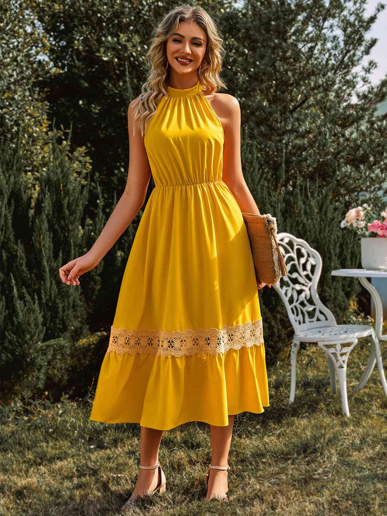  Neck Spliced Lace Midi Dress -BazaarBey - www.shopbazaarbey.com