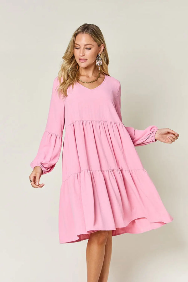  Full Size V-Neck Balloon Sleeve Tiered Dress -BazaarBey - www.shopbazaarbey.com