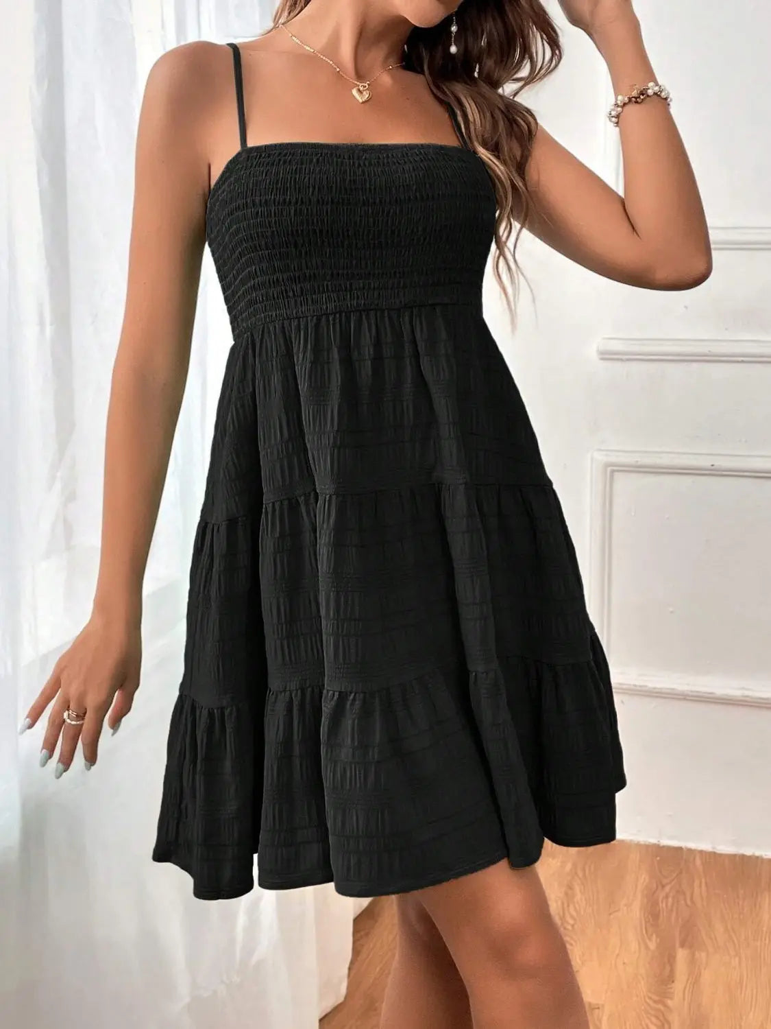 Smocked Tiered Sleeveless Mini Dress -BazaarBey - www.shopbazaarbey.com