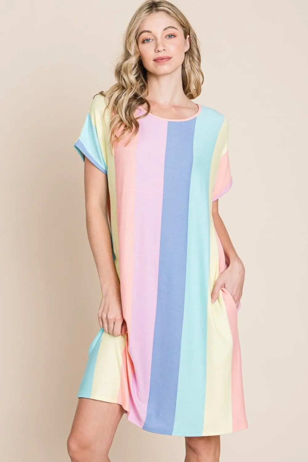  Striped Short Sleeve Dress with Pockets -BazaarBey - www.shopbazaarbey.com