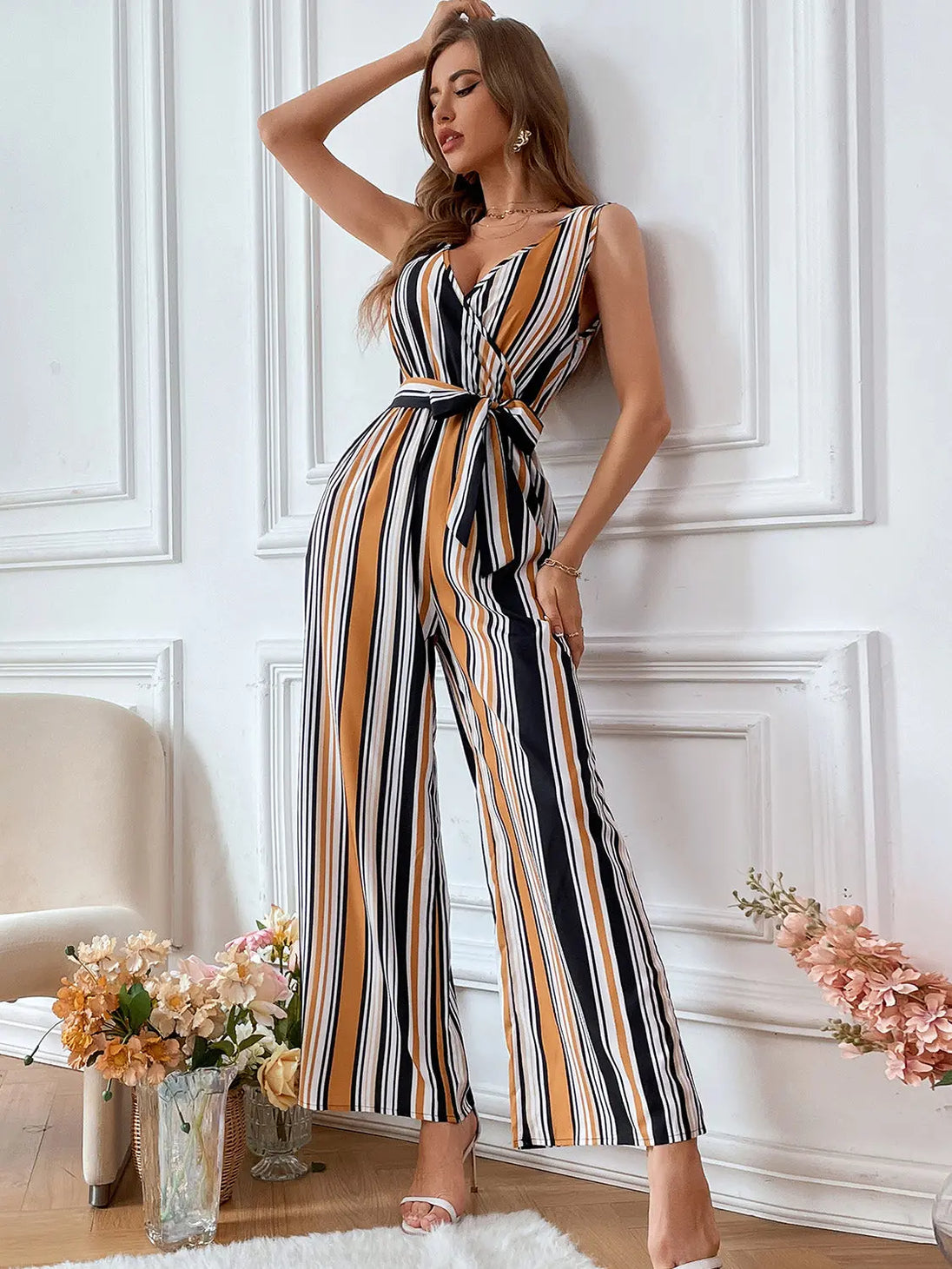 BazaarBey Striped Surplice Neck Sleeveless Wide Leg Jumpsuit 