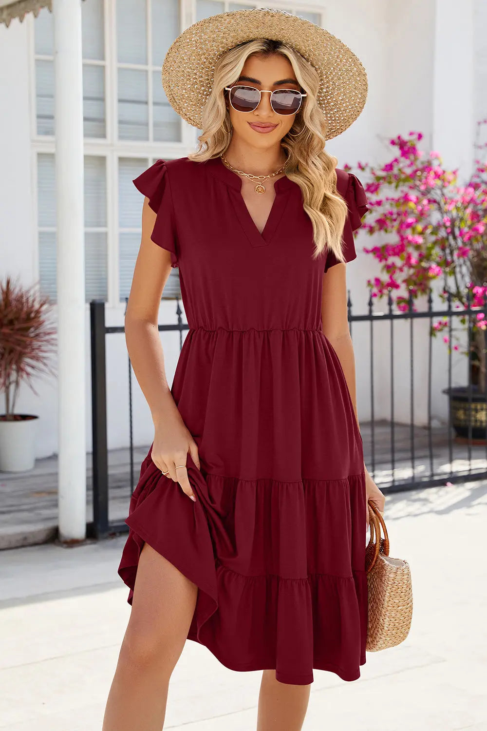 Ruched Notched Cap Sleeve Dress -BazaarBey - www.shopbazaarbey.com