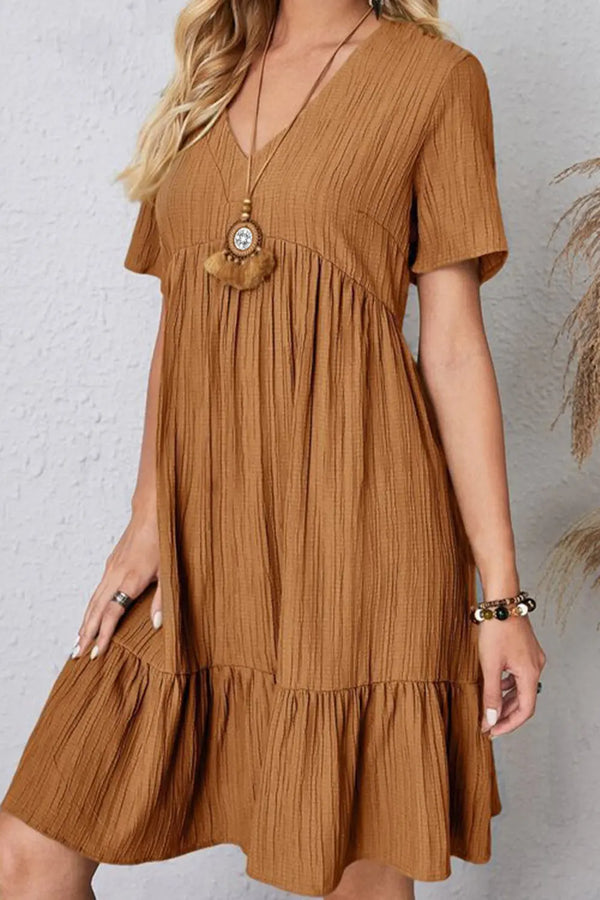 Full Size Ruched V-Neck Short Sleeve Dress -BazaarBey - www.shopbazaarbey.com