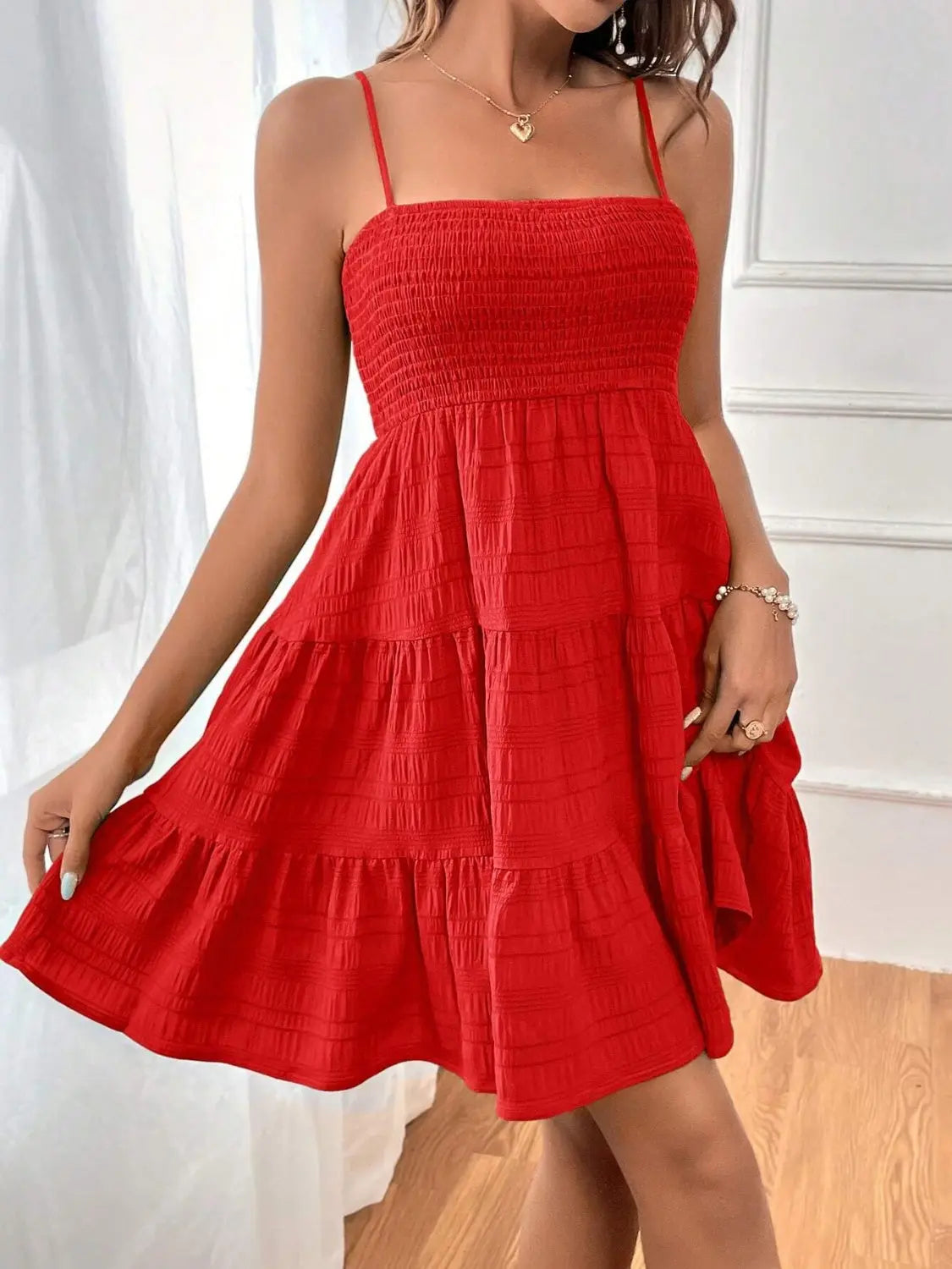 Smocked Tiered Sleeveless Mini Dress -BazaarBey - www.shopbazaarbey.com