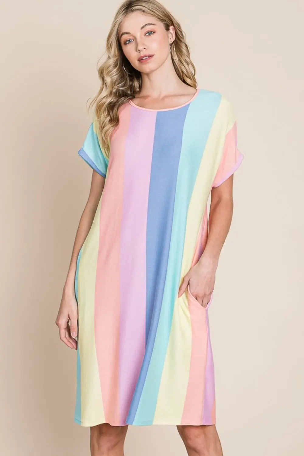  Striped Short Sleeve Dress with Pockets -BazaarBey - www.shopbazaarbey.com