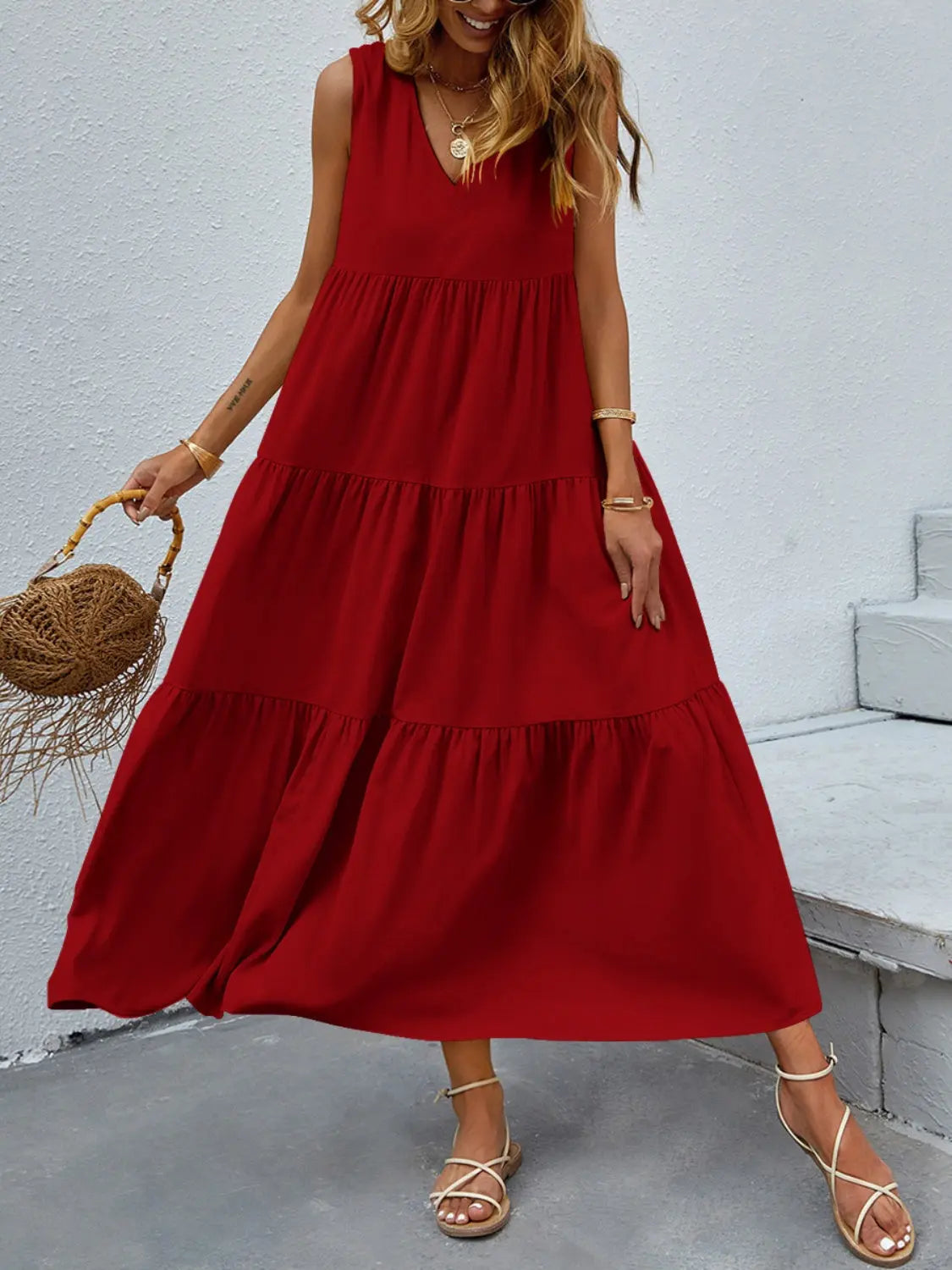 Tiered V-Neck Sleeve Dress -BazaarBey - www.shopbazaarbey.com