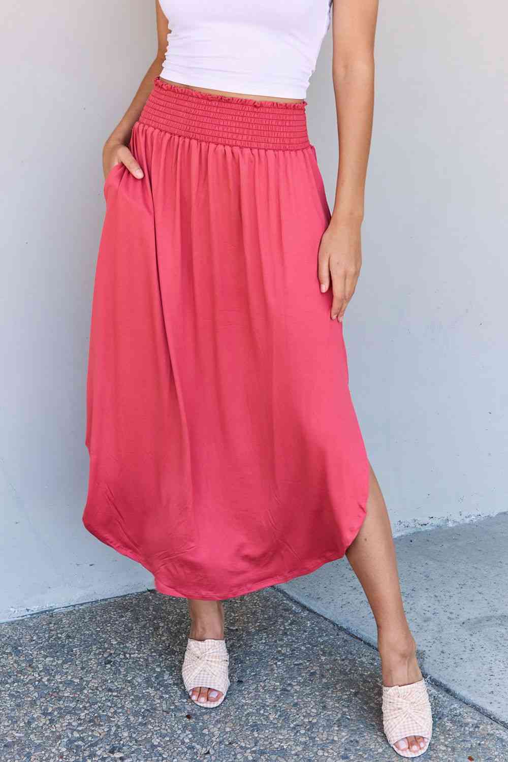  Comfort Princess Full Size High Waist Scoop Hem Maxi Skirt in Hot Pink 