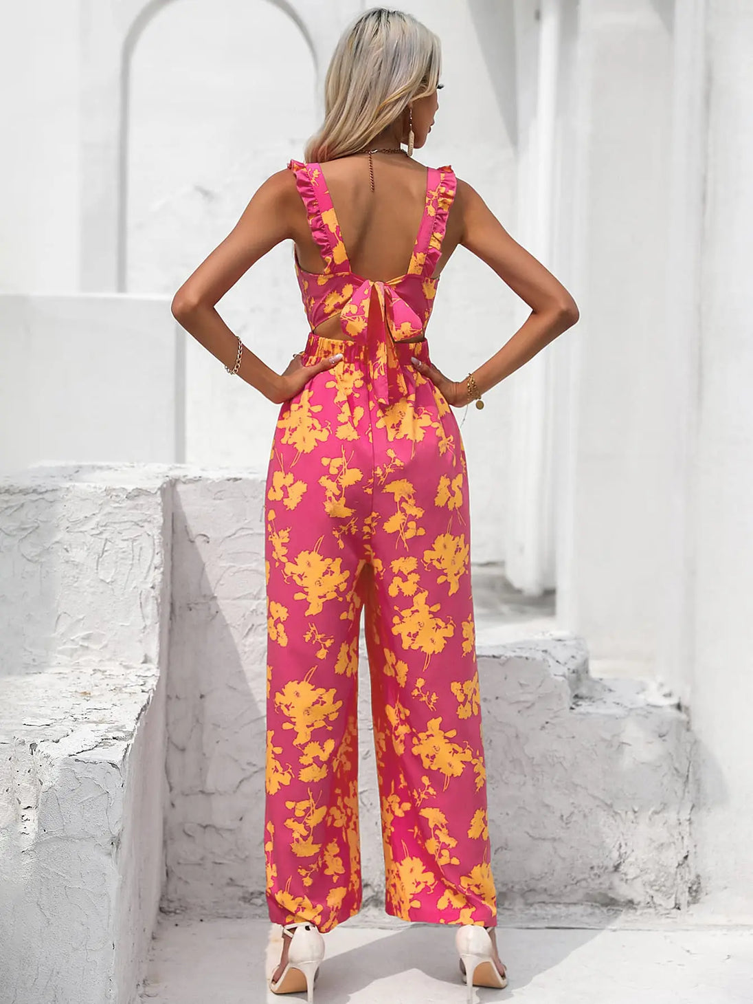 Floral Square Neck  Tie Back Jumpsuit Trendsi