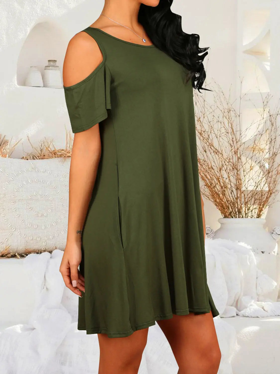 Round Neck Cold Shoulder Short Sleeve Dress -BazaarBey - www.shopbazaarbey.com