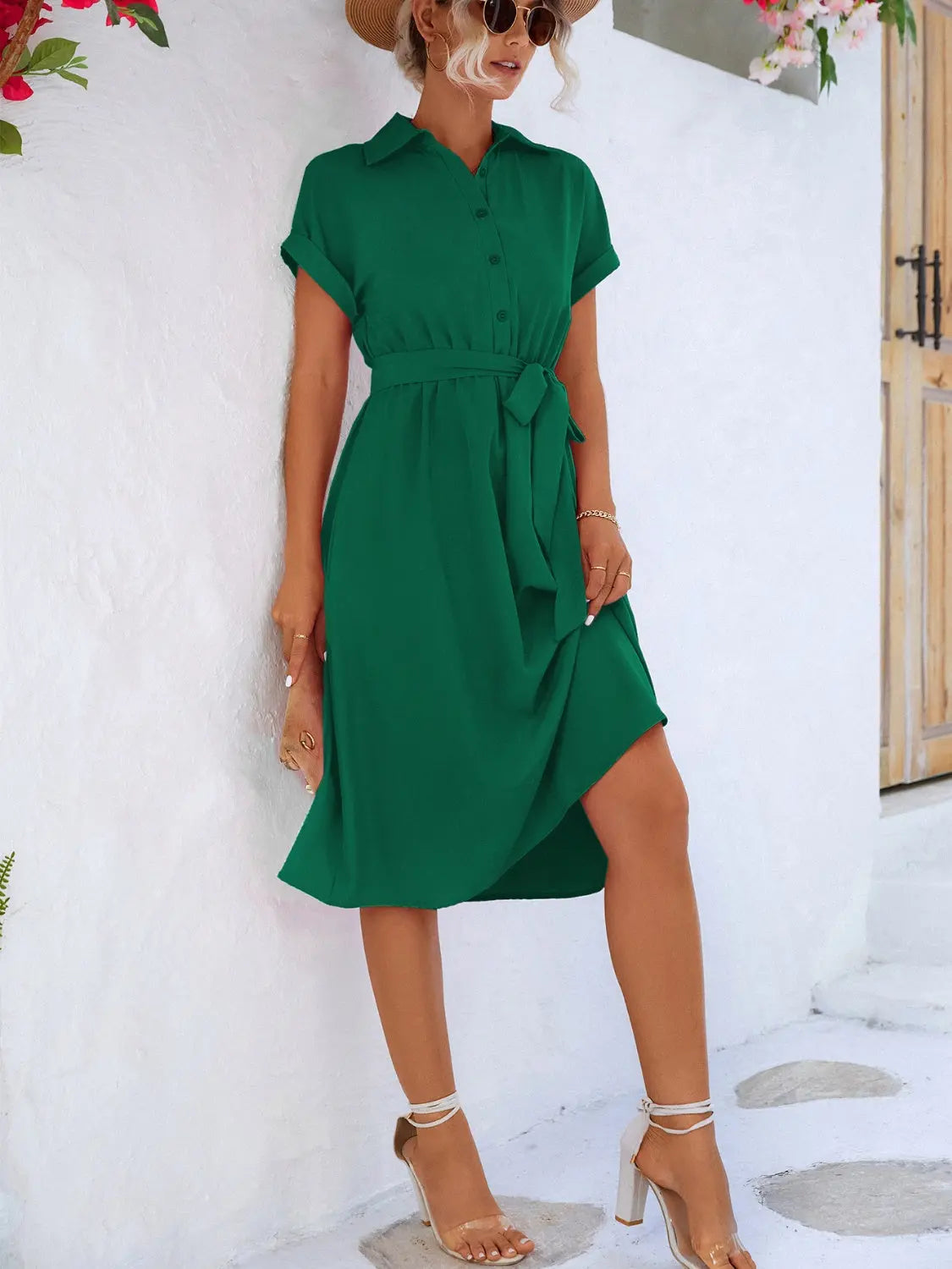 Buttoned Tie Waist Short Sleeve Dress -BazaarBey - www.shopbazaarbey.com