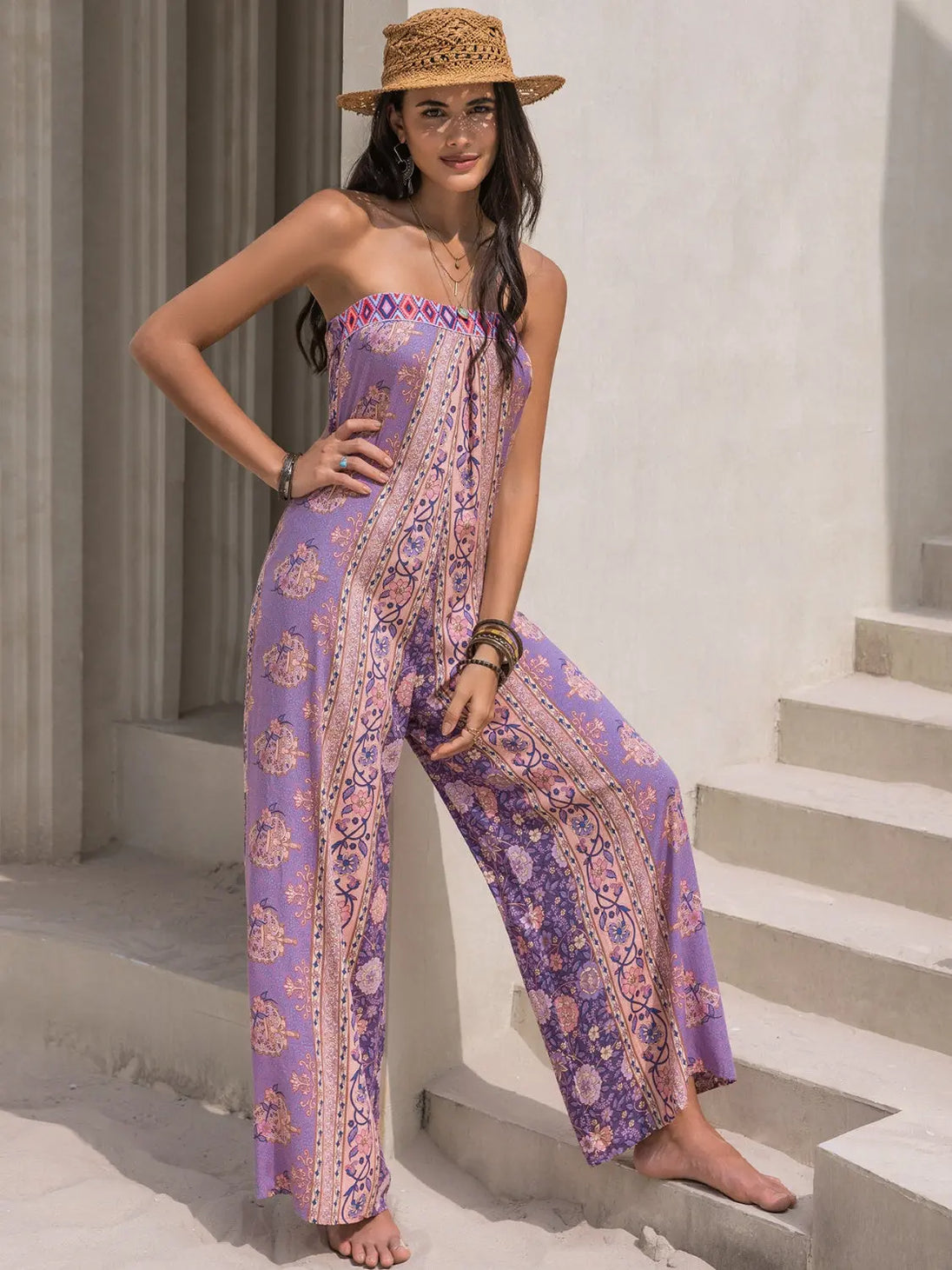 Tied Printed Tube Wide Leg Jumpsuit Trendsi