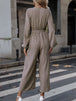 Printed Surplice Neck Tie Waist Wide Leg Jumpsuit Trendsi