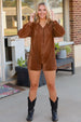 Ribbed V-Neck Half Buttoned Romper Trendsi