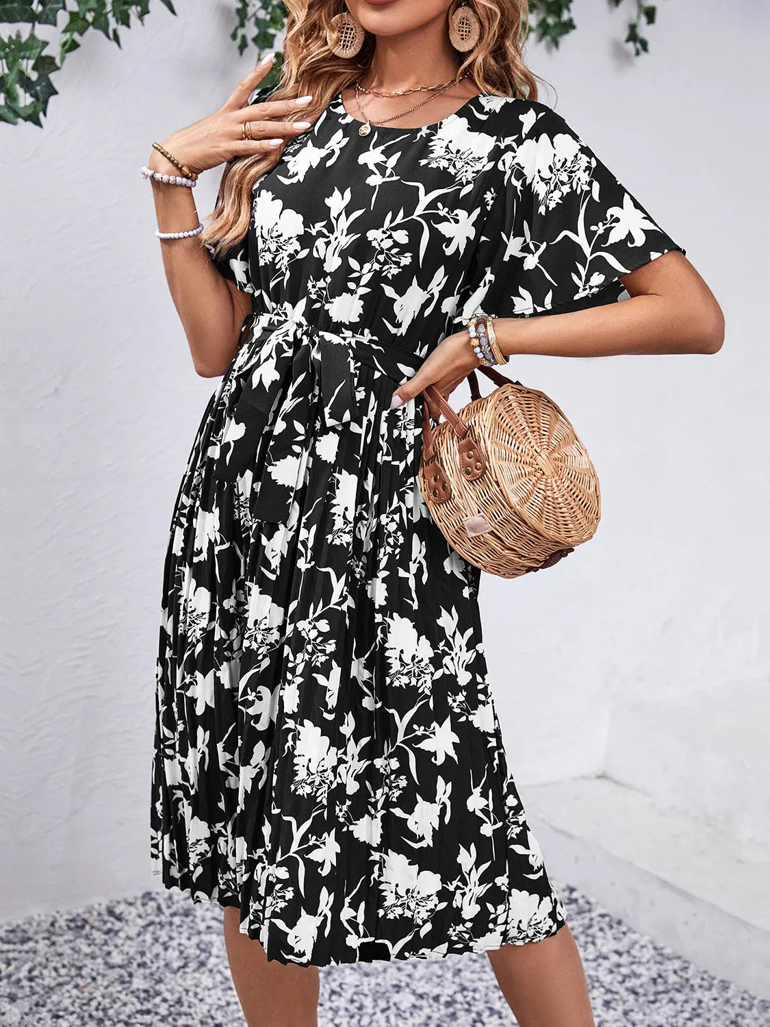 Printed Round Neck Short Sleeve Dress -BazaarBey - www.shopbazaarbey.com