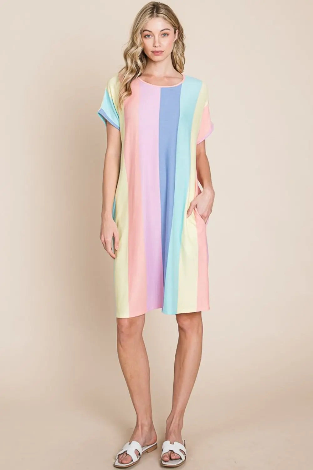  Striped Short Sleeve Dress with Pockets -BazaarBey - www.shopbazaarbey.com